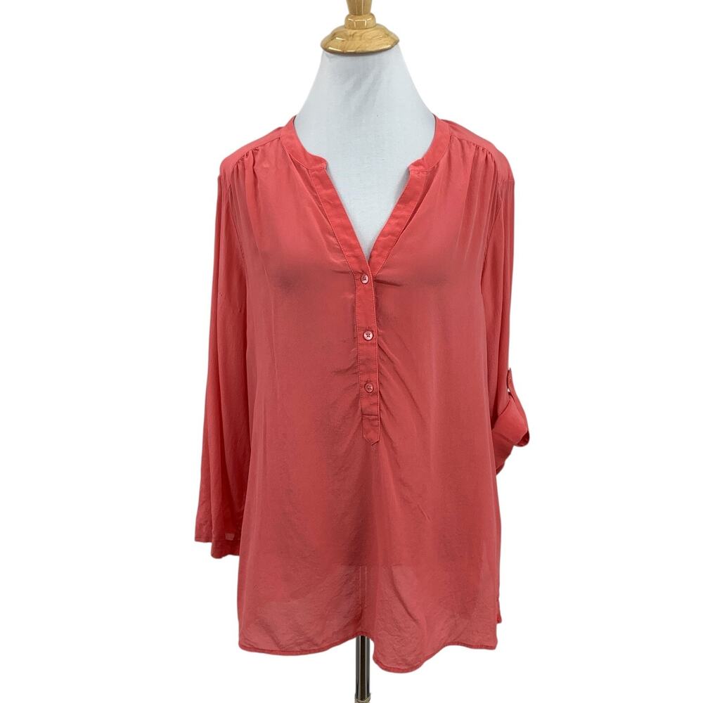 Tommy Bahama Blouse Womens L Large Watermelon Silk Half Button Tab Sleeve Shirt